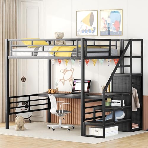 Full Size Metal Loft Bed with Desk and Wardrobe J567724