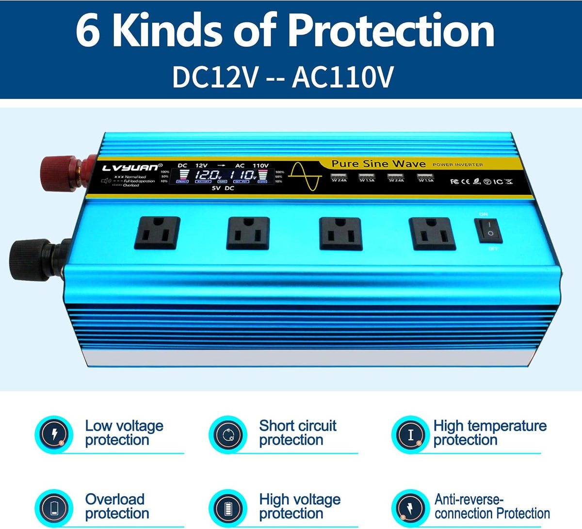 3000 Watt Pure Sine Wave Inverter 12V to 110V DC to AC with LCD Display 4 AC Sockets 4 USB Ports P5032