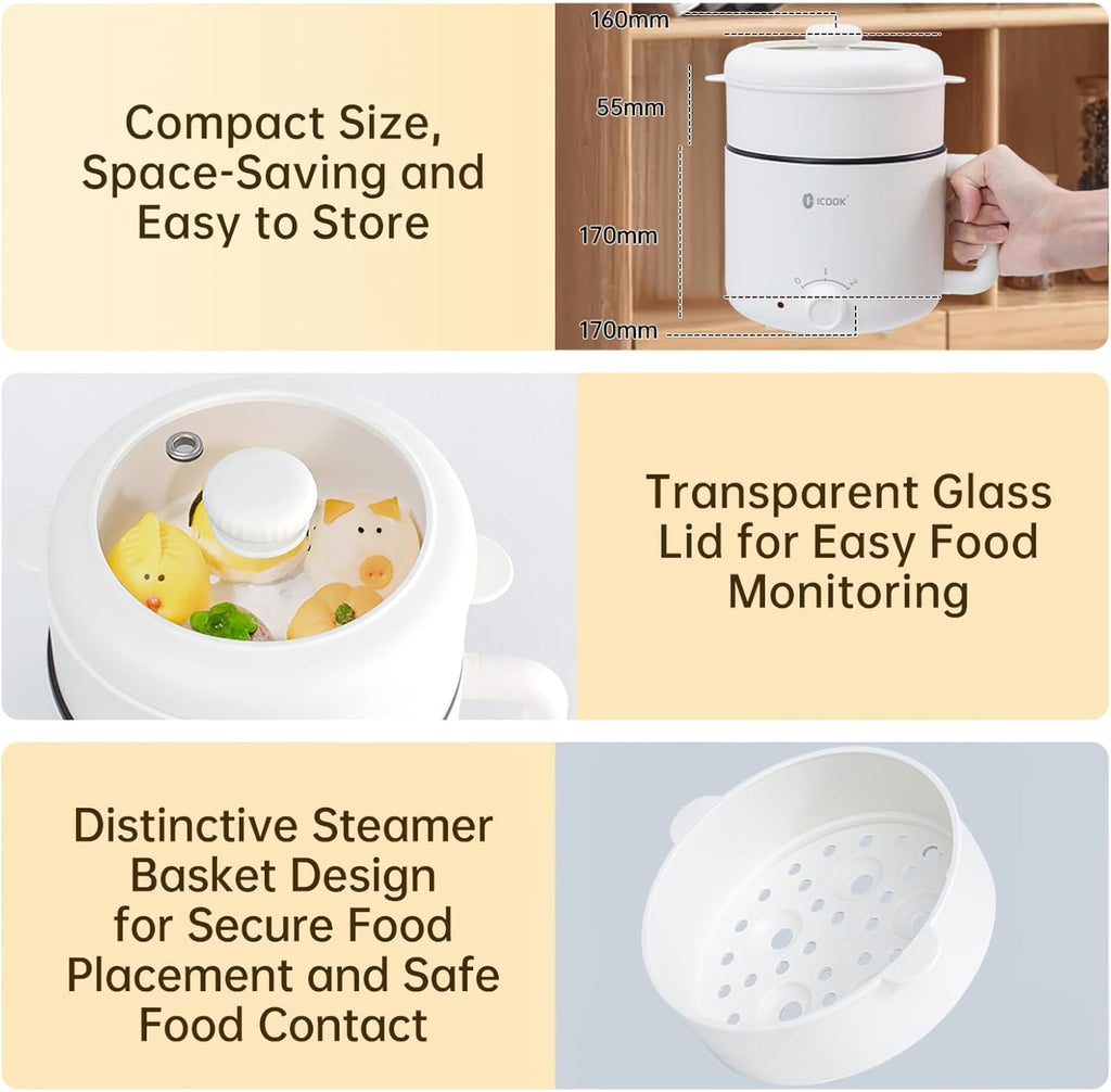 White Electric Mini Ramen Cooker 1.2L Nonstick 300W/600W N349292