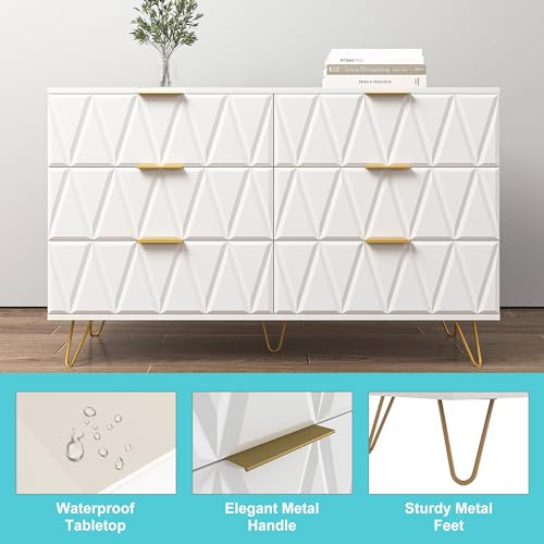 White 6 Drawer Wood Dresser with Gold Handles F653054