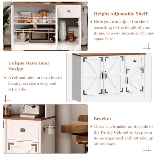 White Kitchen Pantry Cabinet with Charging Station and Microwave Stand X655