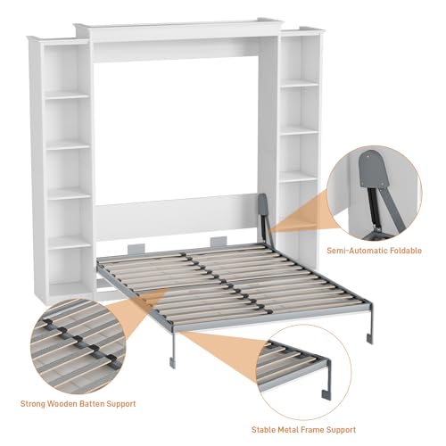 Queen Murphy Bed with Storage Bookcase & 4 Adjustable Shelves, White Wood Wall Bedframe with Metal Legs Q28058