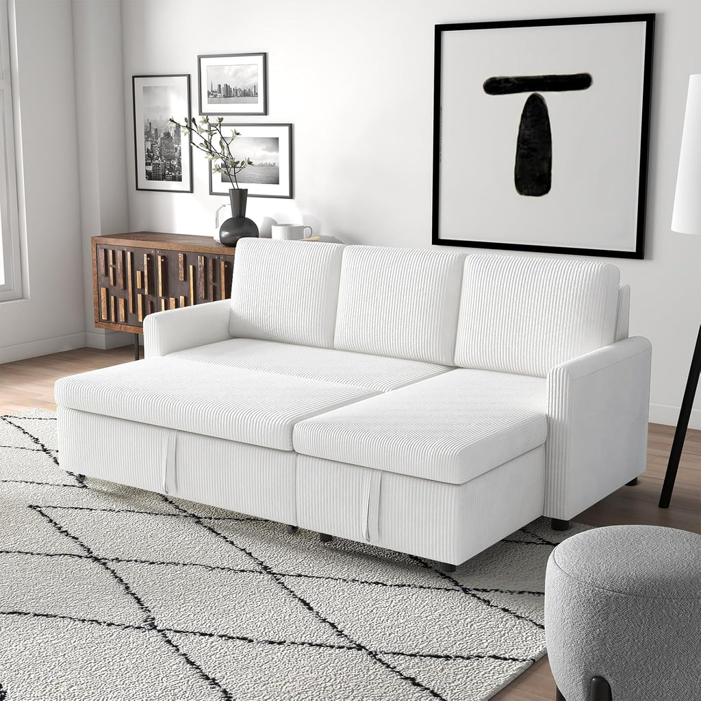 Beige Corduroy L-Shaped Sleeper Sofa with Storage Chaise and 2 Pillows K736398