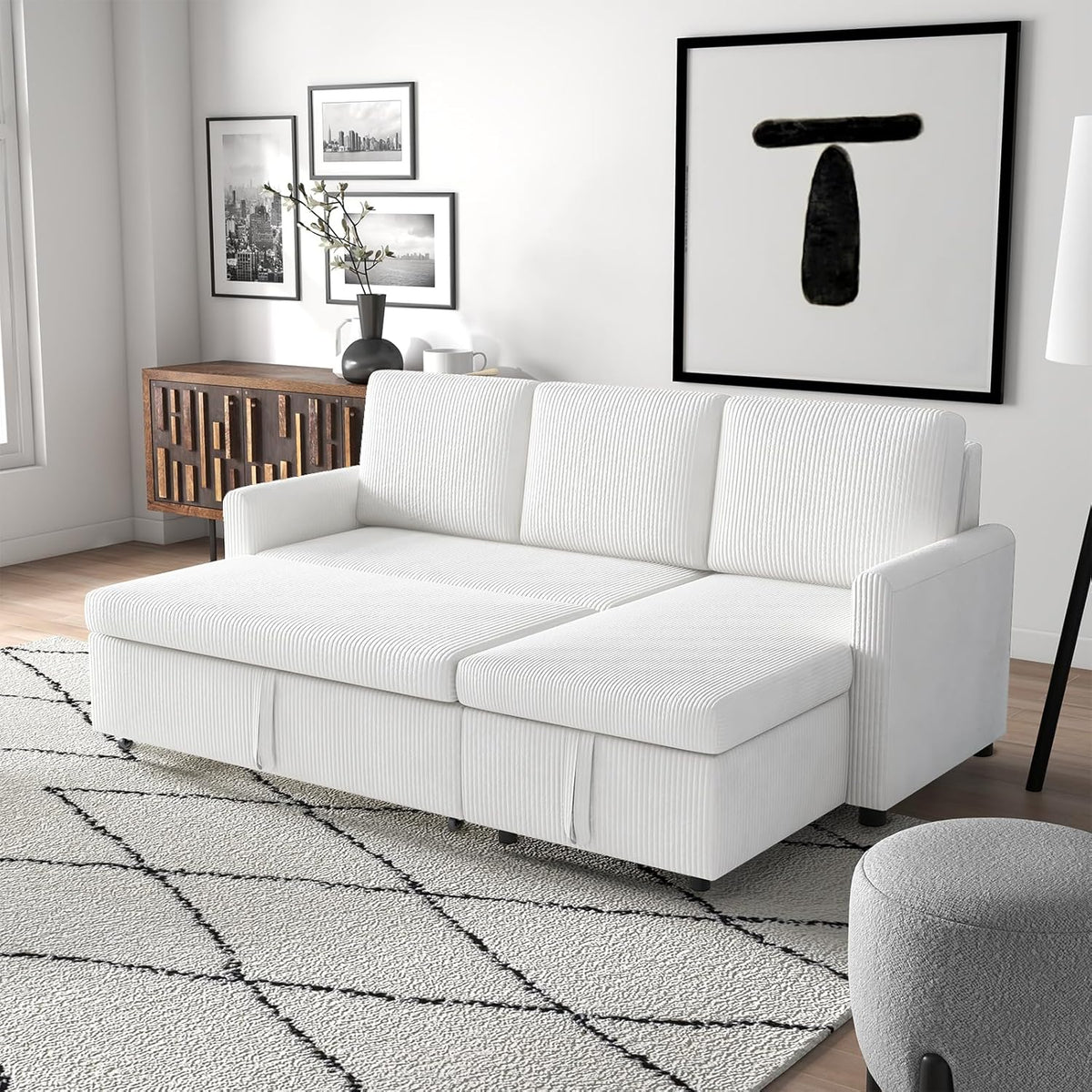 Beige Corduroy L-Shaped Sleeper Sofa with Storage Chaise and 2 Pillows K736398