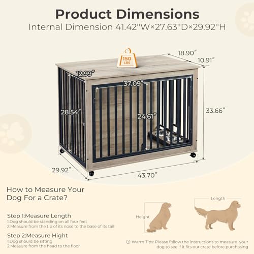 Grey Wooden Dog Crate with Double Doors and Pull-Out Dog Bowls I22260