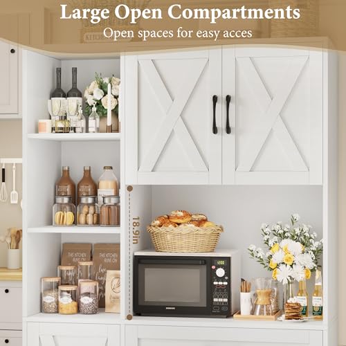 71" Tall Kitchen Pantry Storage Cabinet with Microwave Stand, Barn Doors, Large Drawer and Shelves, Ash Grey Q9326