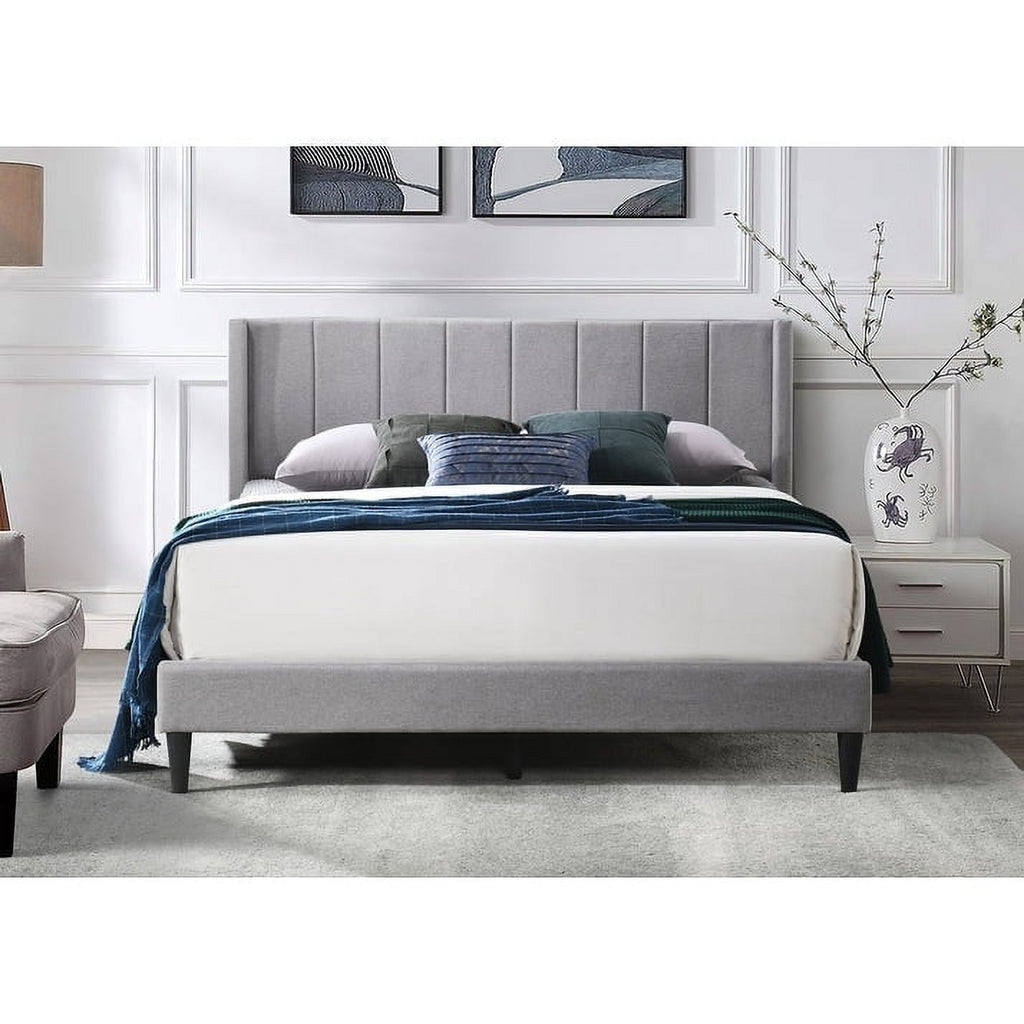 King Grey Linen Vertical Tufted Platform Bed E5003