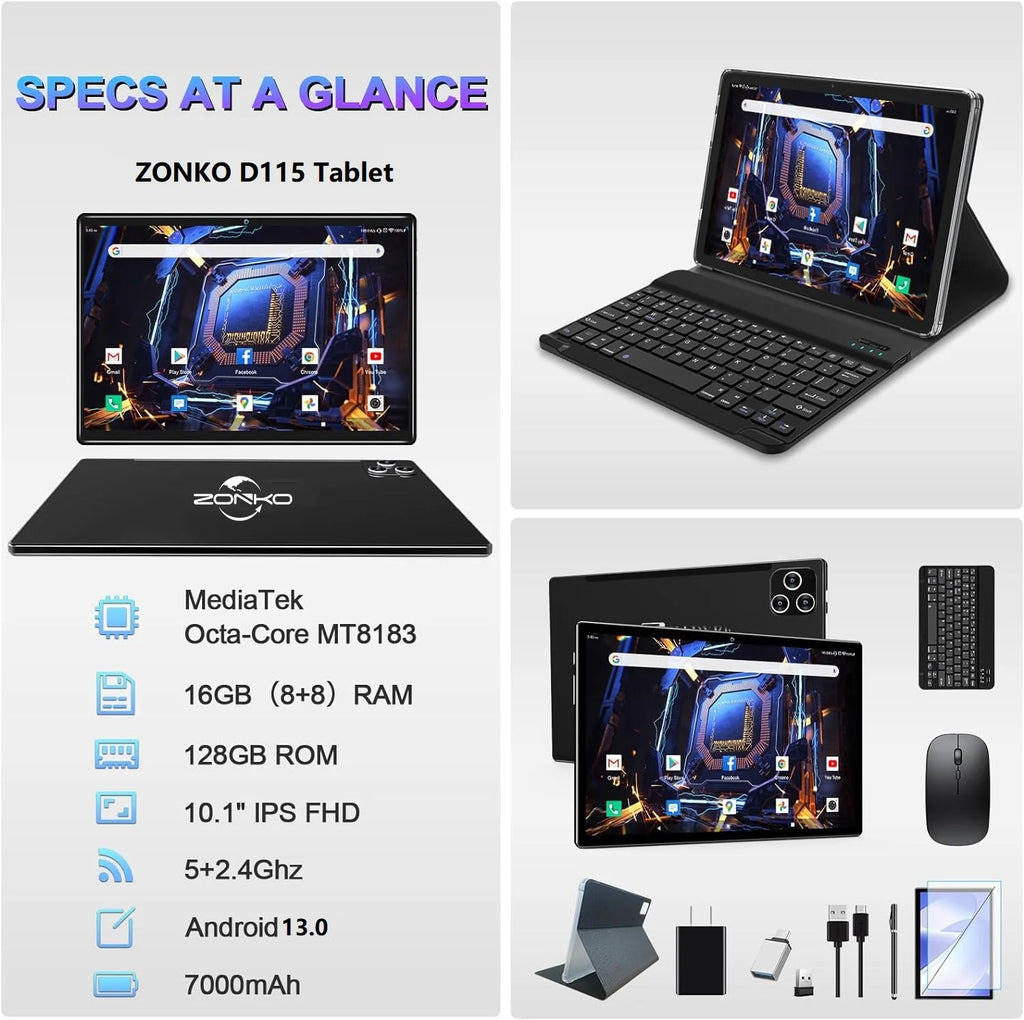10 Inch Android Tablet with Keyboard, 128GB ROM + 16GB RAM, Octa-Core Processor R423