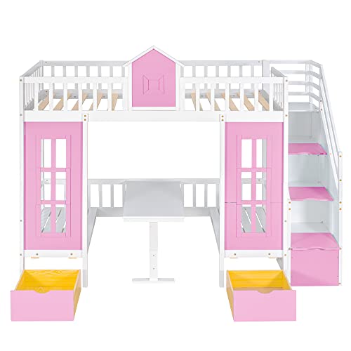 Pink Twin-Over-Twin Bunk Bed with Slide, 2 Drawers, 3 Shelves, Solid Wood A1533