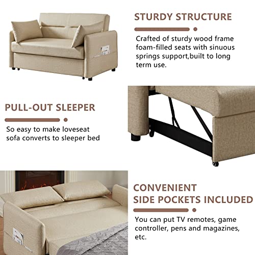 Convertible Sleeper Sofa Bed 57 Inches Velvet 2 Seats with Pull Out Bed Adjustable Backrest 2 Pillows Side Pocket Light Brown K15268