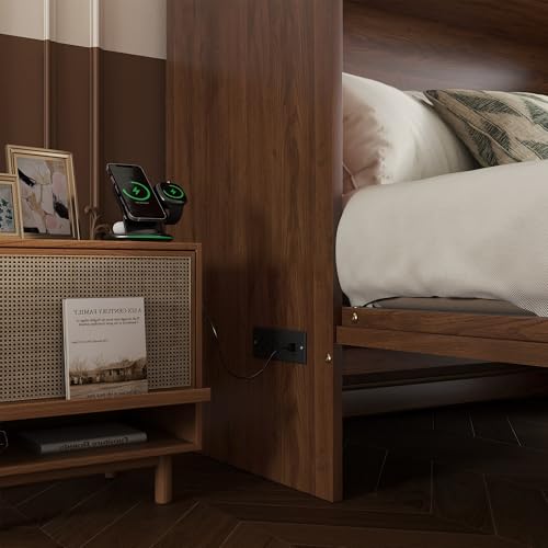 Queen Murphy Bed Cabinet with Charging Station & Rattan Design – Wall Bed with Large Storage Drawer, Foldable Platform Bed – Pine Wood Construction, Walnut L94620