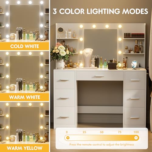 White Vanity Desk with LED Lighted Mirror and 7 Drawers P881489