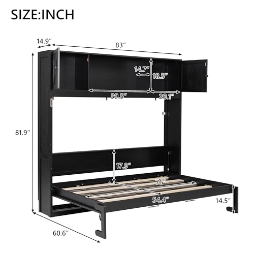 Black Full Horizontal Murphy Bed with Shelves and Storage Bookcase Z733736