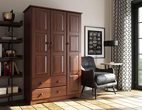 100% Solid Wood Armoire Wardrobe Closet, Java, 4 Shelves, 1 Clothing Rod, 2 Drawers, 1 Lock S495159