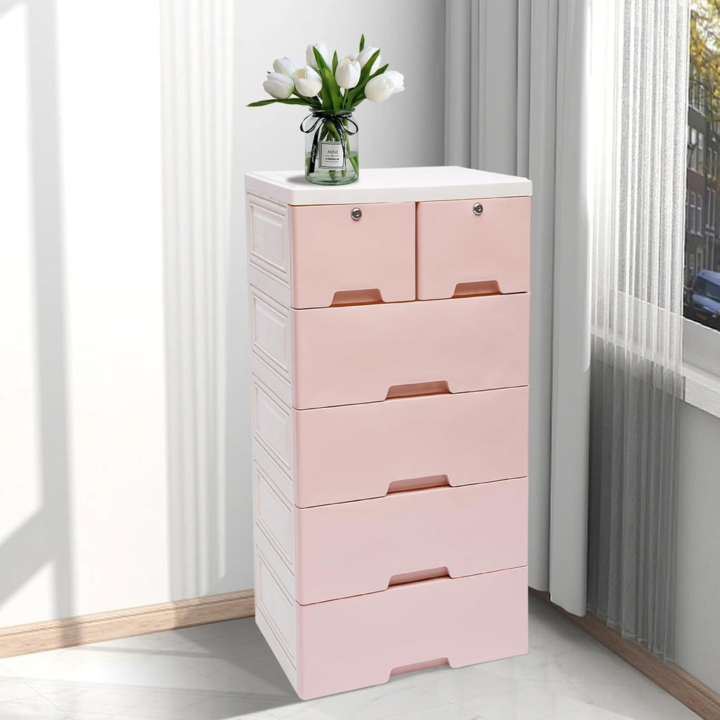 6 Drawers Pink Plastic Dresser with 4 Wheels A55257
