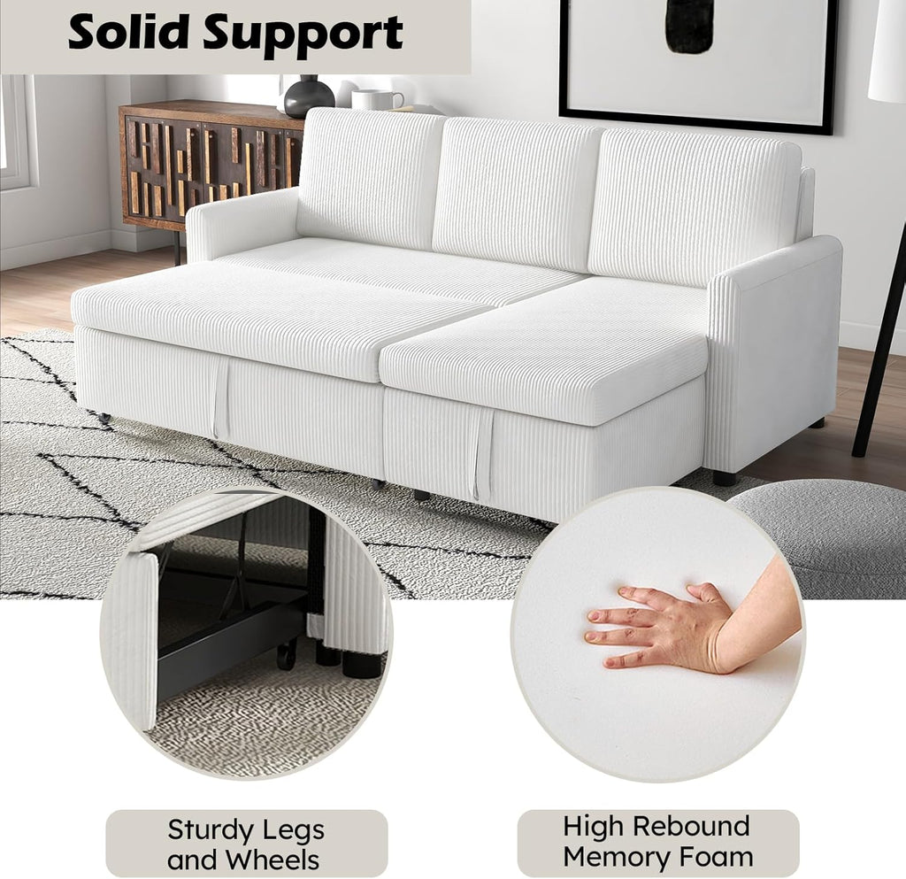 Beige Corduroy L-Shaped Sleeper Sofa with Storage Chaise and 2 Pillows K736398