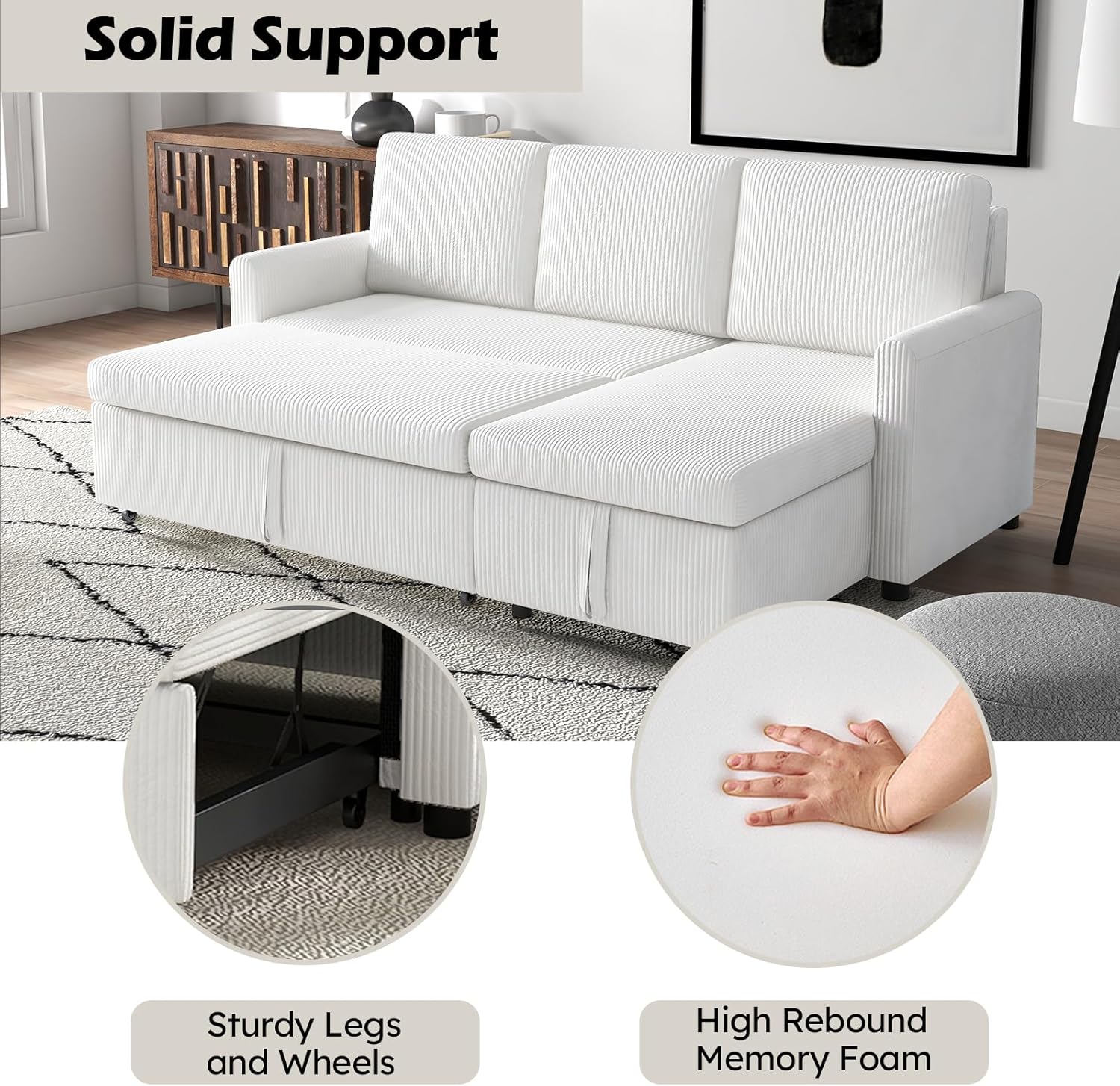 Beige Corduroy L-Shaped Sleeper Sofa with Storage Chaise and 2 Pillows K736398