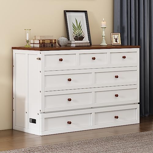White+Walnut Full Wood Murphy Bed with Storage Drawers U3553
