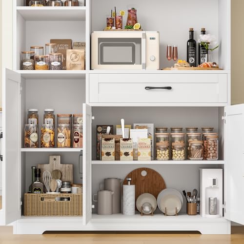 71" Tall Kitchen Pantry Storage Cabinet with Microwave Stand, Barn Doors, Large Drawer and Shelves, Ash Grey Q9326