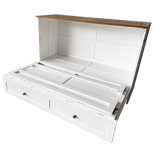 White+Walnut Full Wood Murphy Bed with Storage Drawers U3553