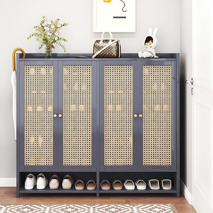 Grey 8 Tier Bamboo Shoe Cabinet with Doors O145
