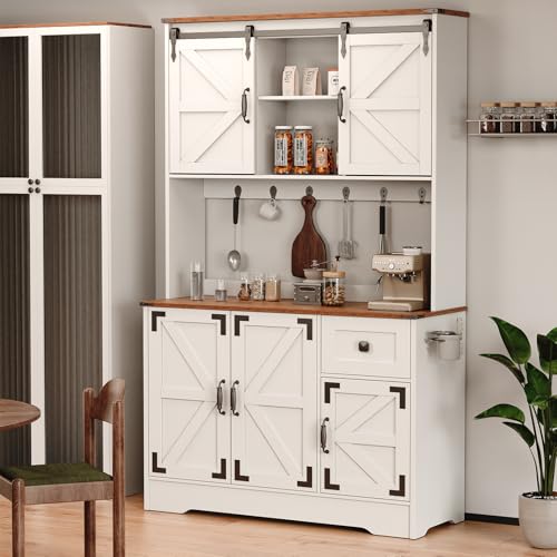 White Kitchen Pantry Cabinet with Charging Station and Microwave Stand X655
