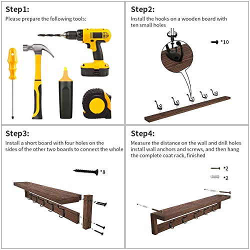 2 Pack Rustic Brown Wood Wall Mount Coat Rack with Shelf X970237