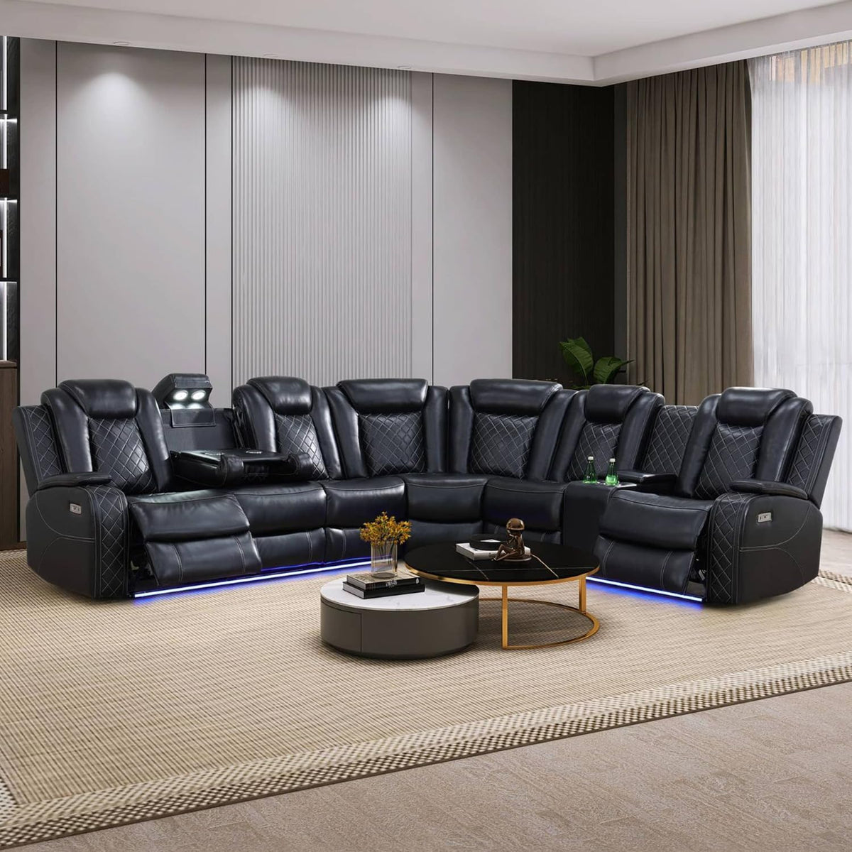 Black Leather Power Reclining Sectional Sofa P1874