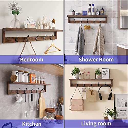 2 Pack Rustic Brown Wood Wall Mount Coat Rack with Shelf X970237