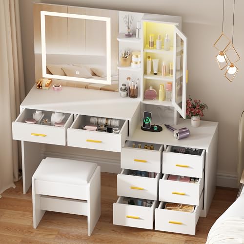 White 51.8" Makeup Vanity Desk with Mirror and Lights 8 Drawers Z79743