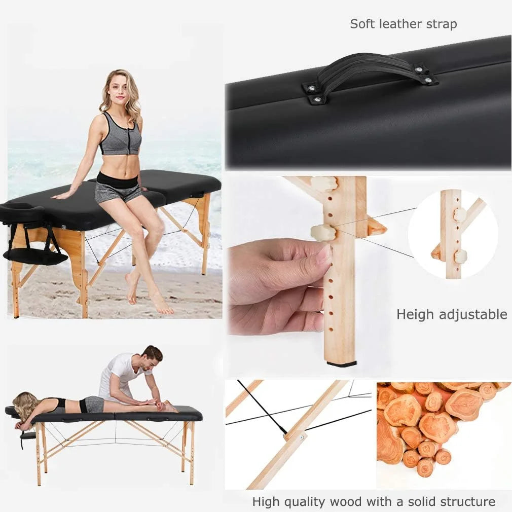Portable Massage Table 73” L 28”W Height Adjustable with Bolsters Carry Case 2 Fold Black X641619