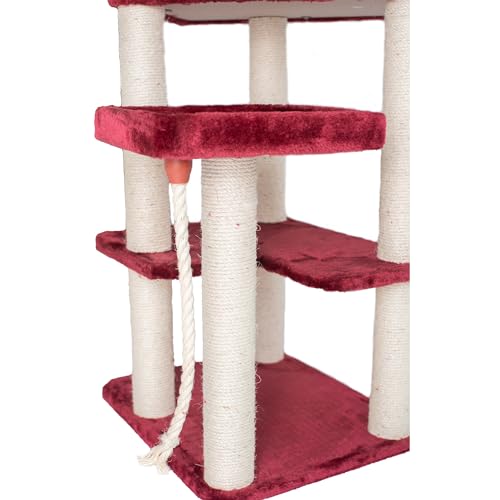 Burgundy Real Wood Cat Tower with Faux Fur J3499