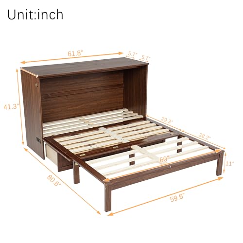 Queen Murphy Bed Cabinet with Charging Station & Rattan Design – Wall Bed with Large Storage Drawer, Foldable Platform Bed – Pine Wood Construction, Walnut L94620
