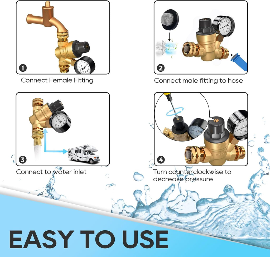 Brass Lead-Free Adjustable RV Water Pressure Regulator Valve with Gauge and Inlet Screen Filter B382