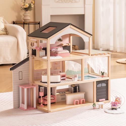 Pink Wooden Dollhouse with 6 Rooms and 29-pcs Furniture Set Q330901