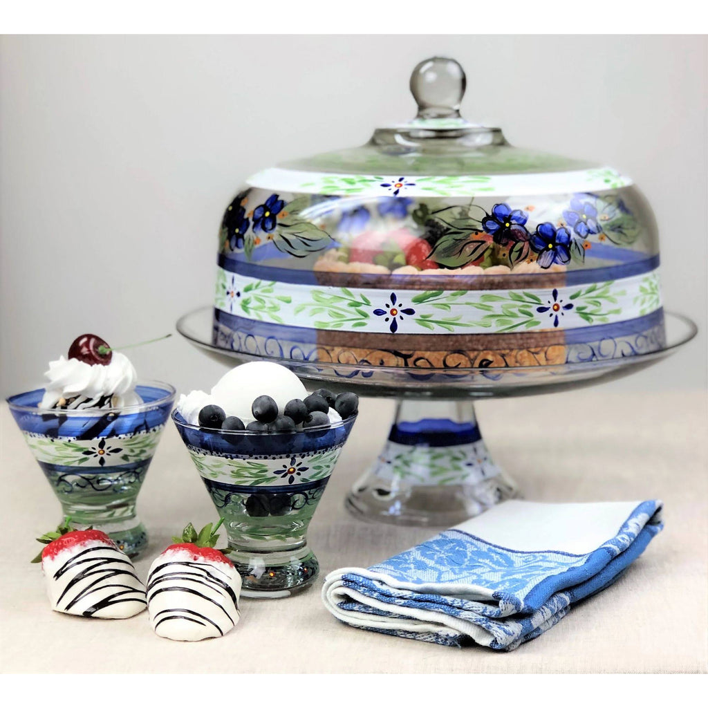 Blue Floral Hand Painted Glass Large Cake Dome U7325
