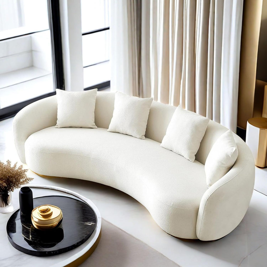Teddy Fabric Curved Half Moon Sectional 4-Seat Sofa Couch with 4 Throw Pillows E26282