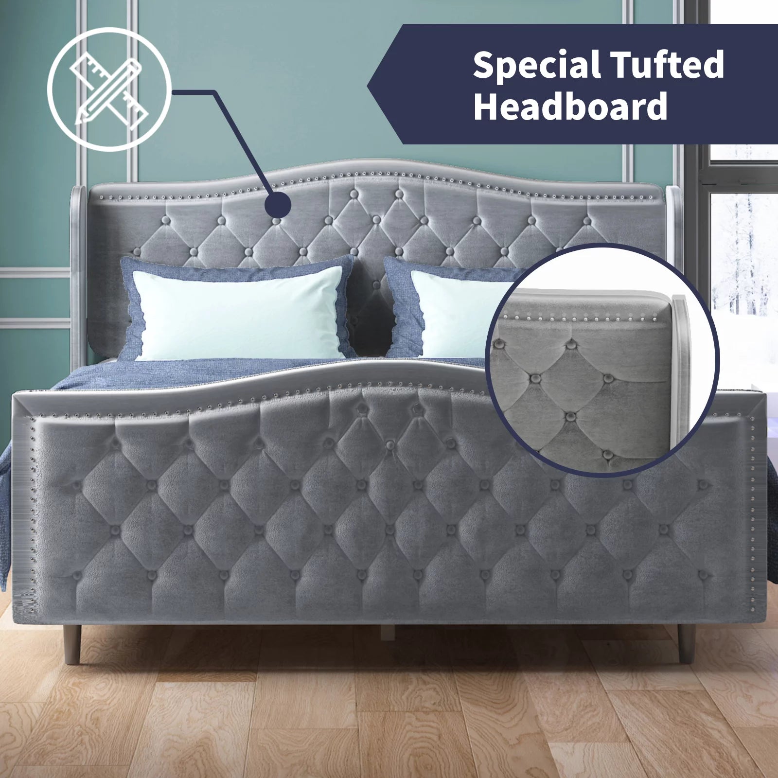 King Size Button Tufted Velvet Platform Bed Frame, Silver Grey E6280