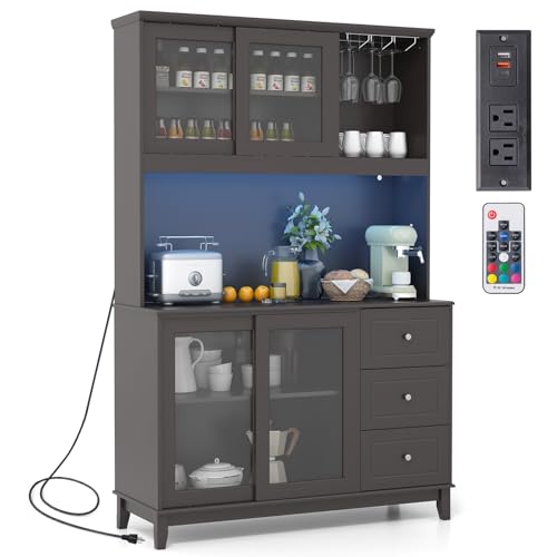 73" Kitchen Pantry Storage Cabinet with LED Lights & Power Outlet, Wine Glass Racks, Adjustable Shelves, Drawers (Espresso) C987129