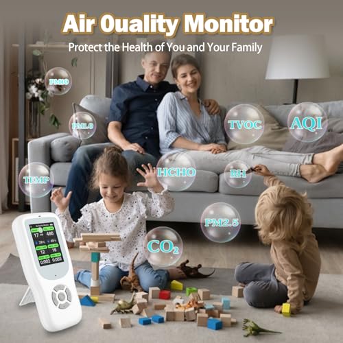 11-in-1 Air Quality Monitor with Stand for AQI, CO2, PM2.5, PM1.0, PM10, TVOC, HCHO, Particles, Temperature & Humidity (White-White) Y5851