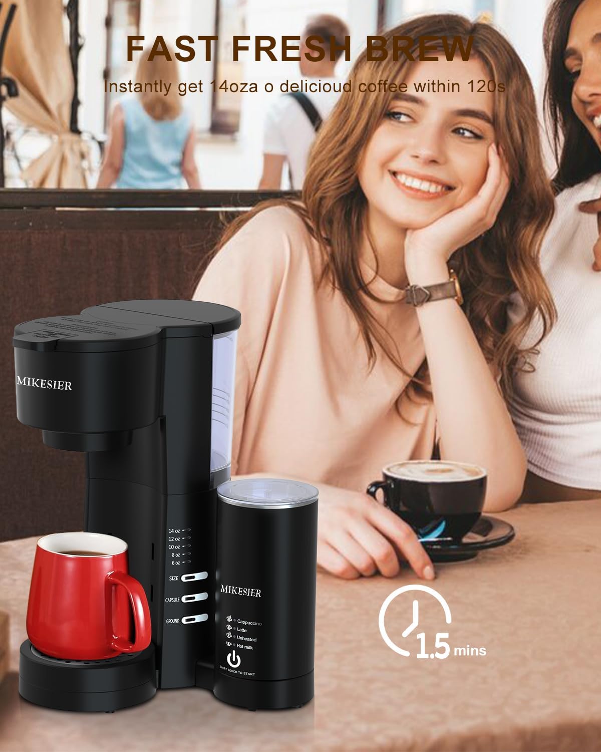 Single Serve Coffee Maker with Milk Frother, 28oz Removable Water Tank T173
