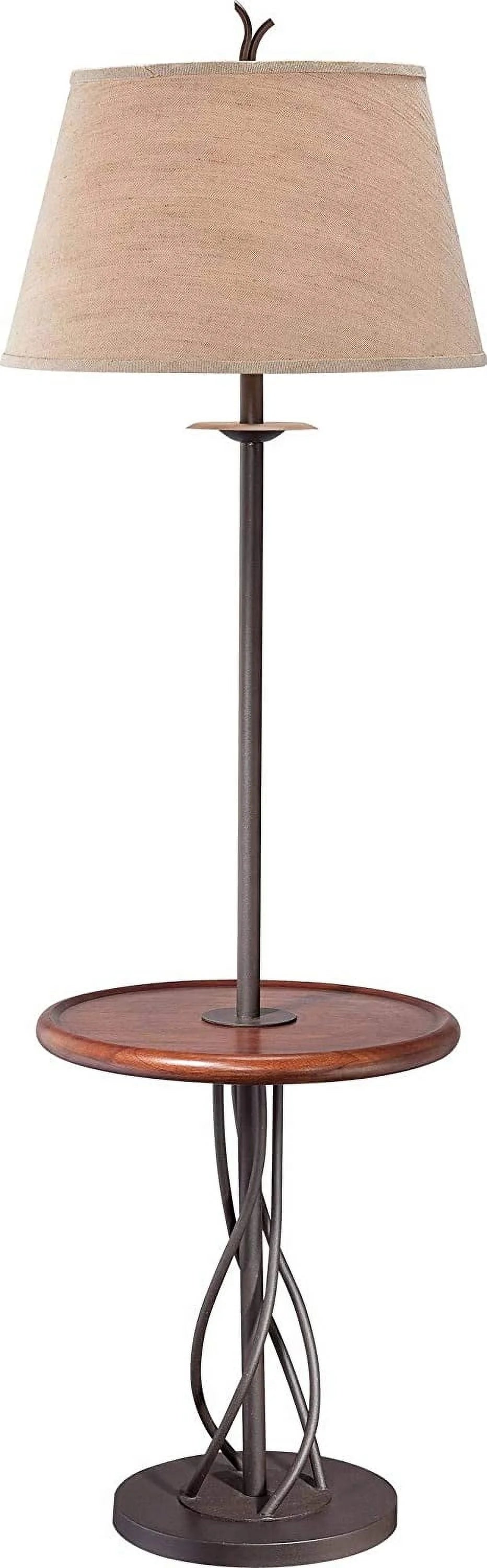 Rustic Farmhouse Floor Lamp with Tray End Table 63.5" Tall Wood Twisted Iron Base Brown Linen Fabric Tapered Drum Shade A599932