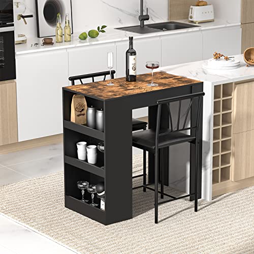Gray Small Bar Table and Chairs Dining Set for 2 with Storage Shelves M76224
