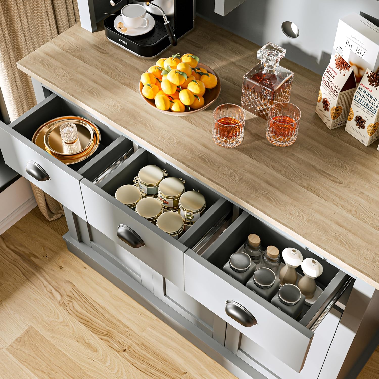 Grey Kitchen Hutch Storage Cabinet with Countertop and Drawers P4529