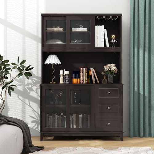 73" Kitchen Pantry Storage Cabinet with LED Lights & Power Outlet, Wine Glass Racks, Adjustable Shelves, Drawers (Espresso) C987129