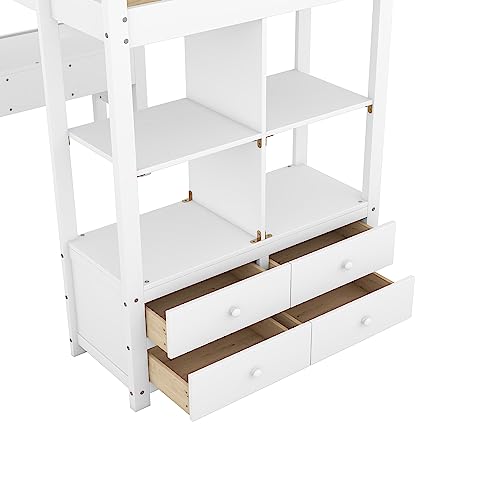 Full Size Solid Wood Loft Bed Frame with Desk and Storage H167