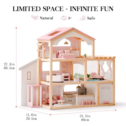 Pink Wooden Dollhouse with 6 Rooms and 29-pcs Furniture Set Q330901
