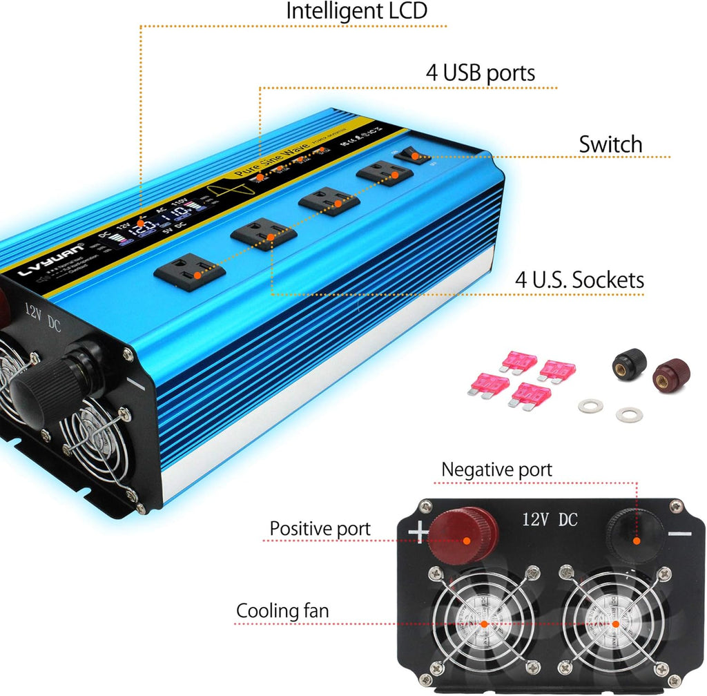 3000 Watt Pure Sine Wave Inverter 12V to 110V DC to AC with LCD Display 4 AC Sockets 4 USB Ports P5032