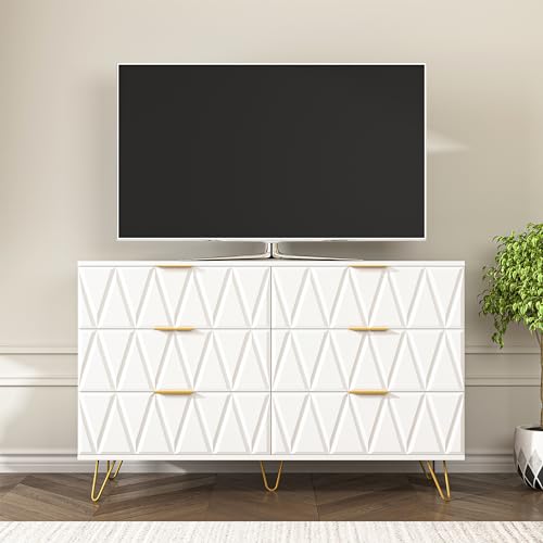 White 6 Drawer Wood Dresser with Gold Handles F653054