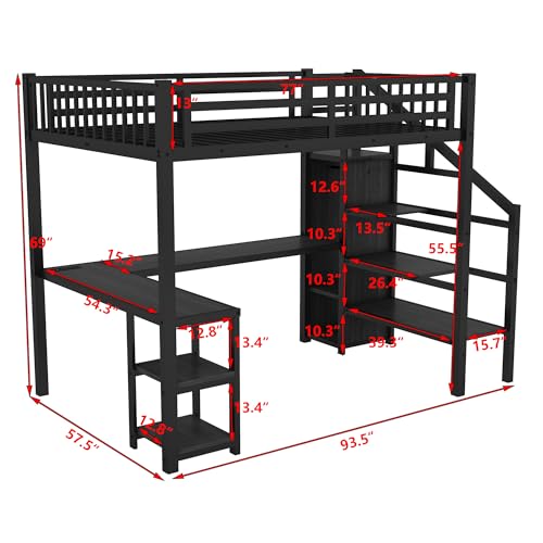 Black Full Size Metal Loft Bed with L-Shaped Desk and USB Port S44209